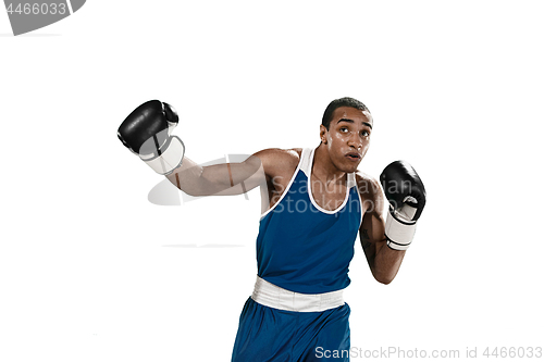 Image of Sporty man during boxing exercise making hit. Photo of boxer on white background