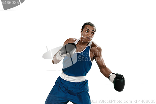 Image of Sporty man during boxing exercise making hit. Photo of boxer on white background