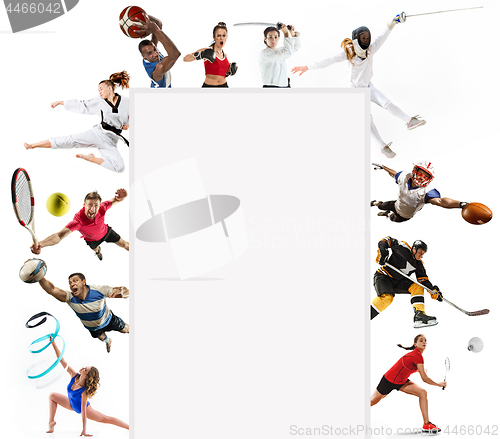 Image of Sport collage about kickboxing, soccer, american football, basketball, ice hockey, badminton, taekwondo, tennis, rugby