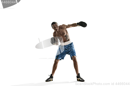 Image of Sporty man during boxing exercise making hit. Photo of boxer on white background