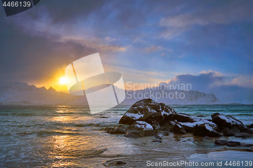 Image of Skagsanden beach on sunset, Lofoten islands, Norway