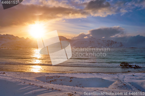 Image of Skagsanden beach on sunset, Lofoten islands, Norway