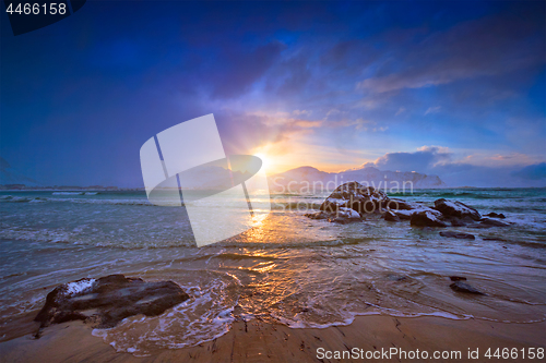 Image of Skagsanden beach on sunset, Lofoten islands, Norway