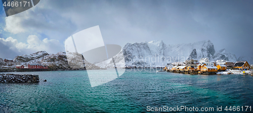 Image of Yellow rorbu houses, Lofoten islands, Norway