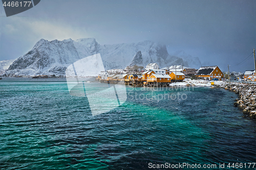 Image of Yellow rorbu houses, Lofoten islands, Norway