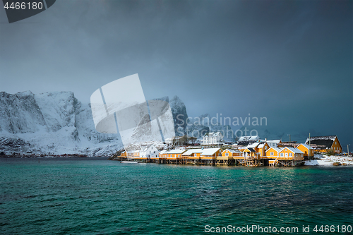 Image of Yellow rorbu houses, Lofoten islands, Norway