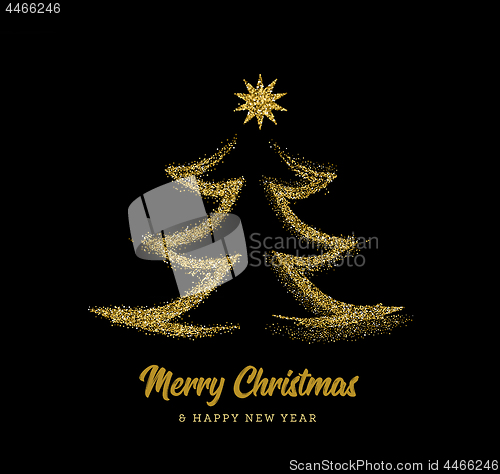 Image of Silhouette of a Christmas tree in the form of gold sparkles on a black background. Vector