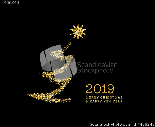 Image of Silhouette of a Christmas tree in the form of gold sparkles on a black background. Vector