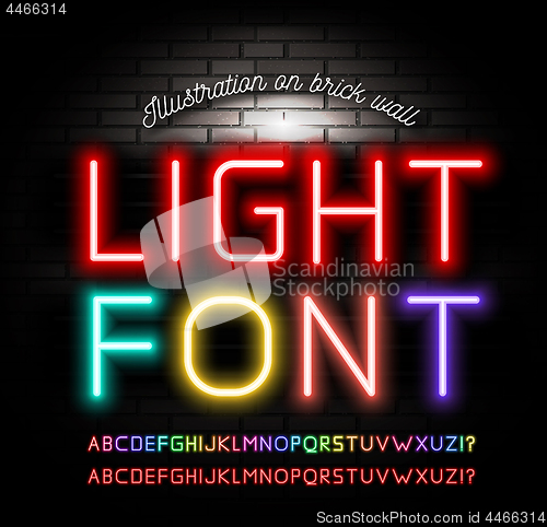 Image of Light neon fonts on brick wall background. Vector