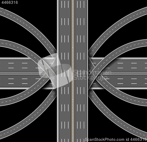 Image of Car highway. The denouement of the many roads. Top view. Vector illustration