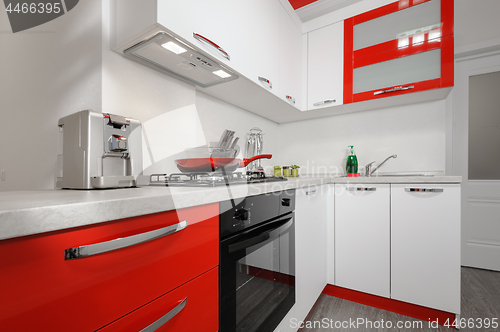 Image of Modern red and white kitchen interior
