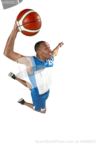 Image of Full length portrait of a basketball player with ball