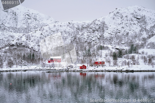 Image of Rd rorbu houses in Norway in winter