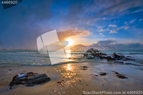 Image of Skagsanden beach on sunset, Lofoten islands, Norway