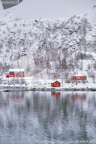 Image of Rd rorbu houses in Norway in winter