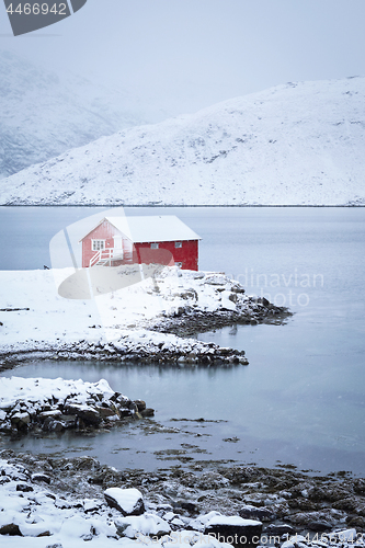 Image of Red rorbu house in winter, Lofoten islands, Norway