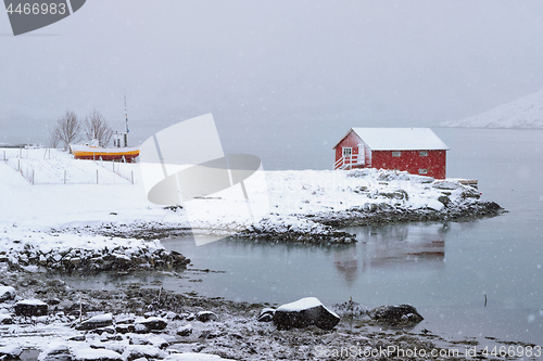 Image of Red rorbu house in winter, Lofoten islands, Norway