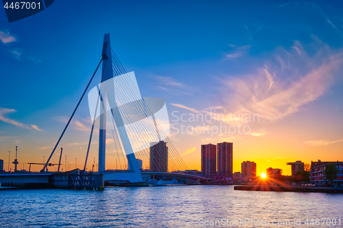 Image of Erasmus Bridge on sunset, Rotterdam, Netherlands