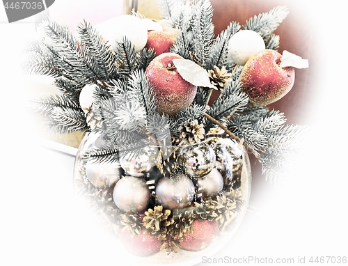 Image of Christmas holidays composition with red apples, and silver balls on white