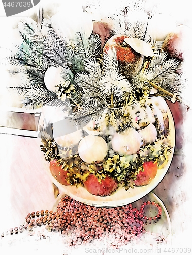 Image of Christmas holidays composition with red apples and silver balls on white