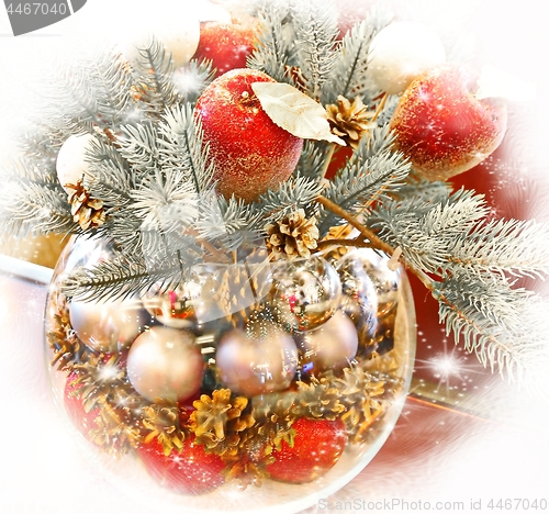 Image of Christmas holidays composition with red apples and silver balls on white
