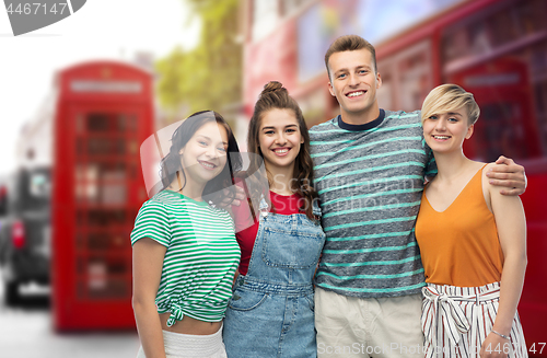 Image of happy friends over london city street background