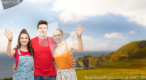 Image of happy friends hugging over background