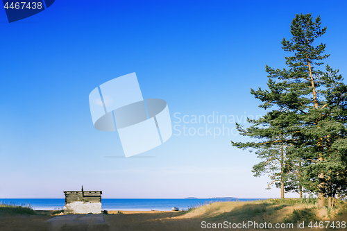 Image of Sandy Shore Of The Lake Against A Natural Blue Sky Background