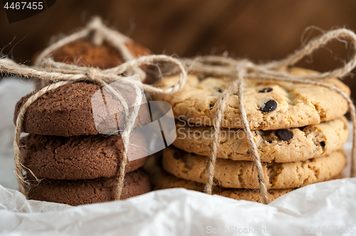 Image of Various shortbread, oat cookies, chocolate chip biscuit.