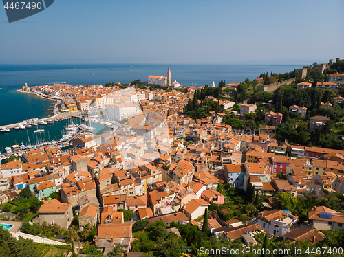 Image of Aerial view of old town Piran, Slovenia, Europe. Summer vacations tourism concept background.