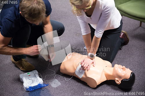 Image of First aid cardiopulmonary resuscitation course using automated external defibrillator device, AED.