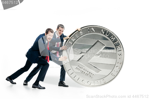 Image of Two business men holding business icon