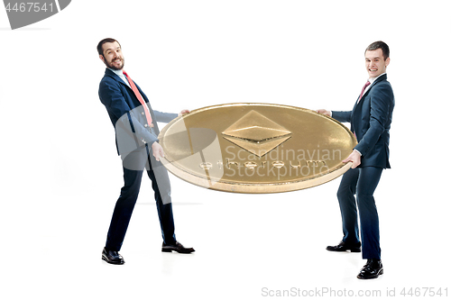 Image of Two casual man holding business icon