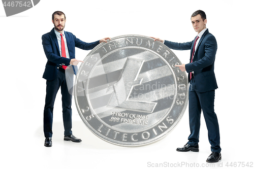 Image of Two casual man holding business icon