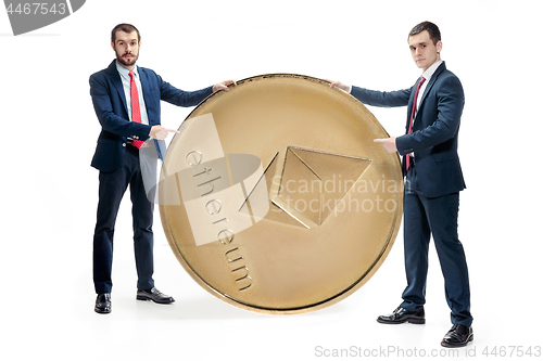 Image of Two casual man holding business icon