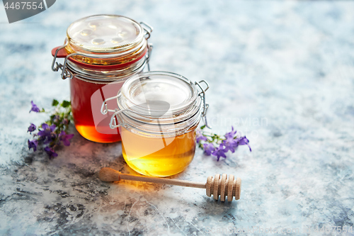 Image of Jars with different kinds of fresh organic honey