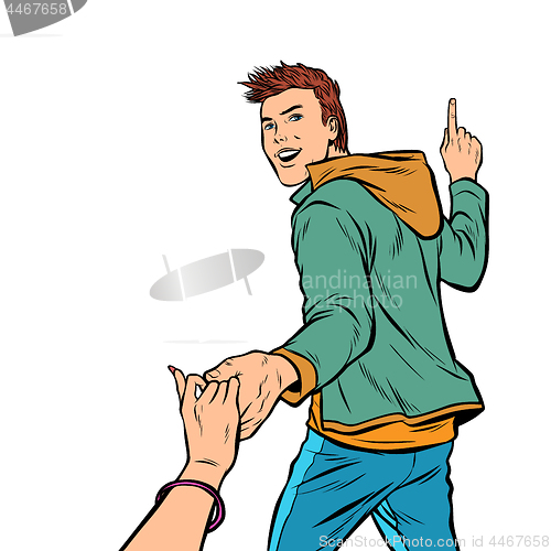 Image of follow me. young man leads a girl. isolate on white background