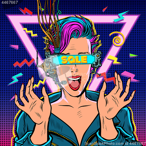 Image of sale. online shopping. joyful woman in virtual reality