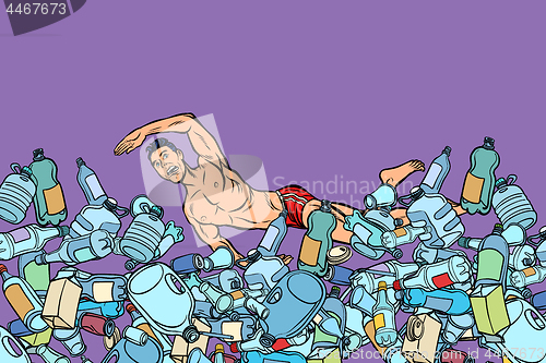Image of swimmer at plastic waste. ocean pollution. ecology