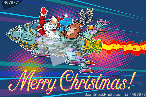 Image of Merry Christmas. Retro Santa Claus with a deer flying on a rocke