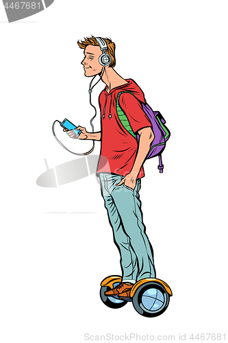 Image of scooter gyro. young man teenager, headphones and smartphone