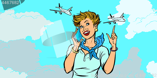 Image of woman stewardess with phone, sky and planes