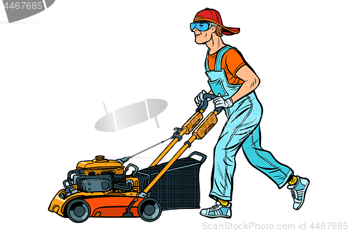 Image of lawn mower worker. Isolate on white background