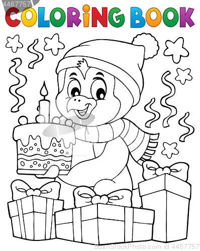 Image of Coloring book penguin with cake theme 2