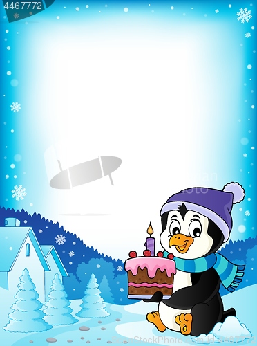 Image of Penguin holding cake theme frame 1
