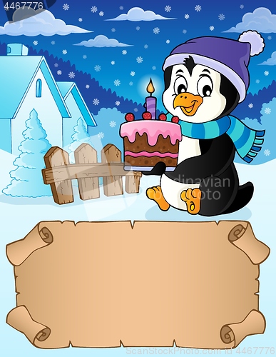 Image of Small parchment and penguin with cake