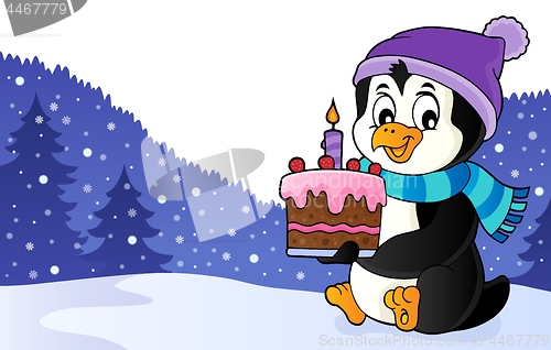 Image of Penguin holding cake theme image 2