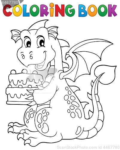 Image of Coloring book dragon holding cake 1