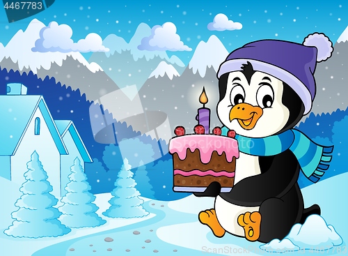 Image of Penguin holding cake theme image 3