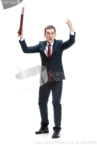 Image of Funny cheerful businessman over white background